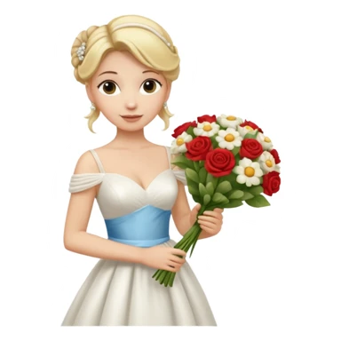Chica blanca, cabello rubio, recogido en moño alto con mechones, vestido novia , cuerpo entero, ramo de flores en una mano, cola trasera sticker