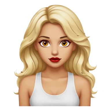 a woman with white tank top her hair is long wavy blonde hair, her face is baddie girl style, her eyes color are yellow and the color of her lip is red maroon sticker