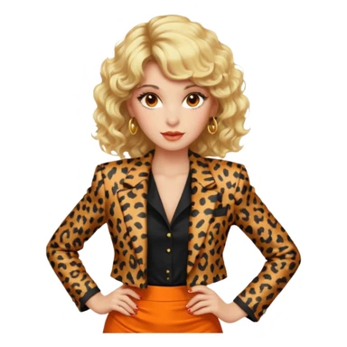 Blonde woman with an 80s-style hairstyle, with curls and bangs, animal print blazer, black top and orange skirt, all very 80s style, brown eyes, 80s makeup sticker