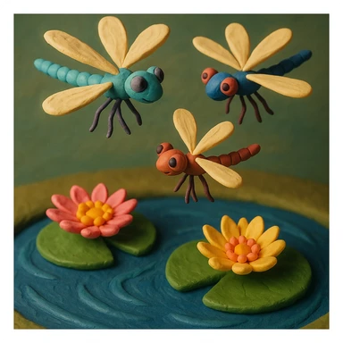 claymation style dragonfly family flying in a circle above water lilies, colorful and whimsical, soft lighting sticker