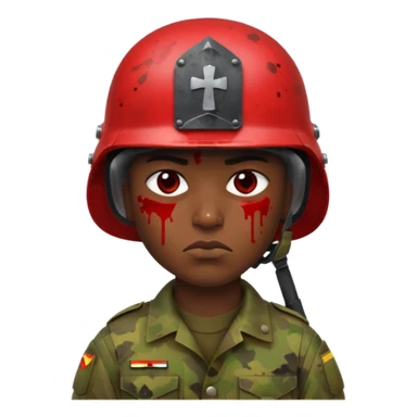 soldier with very dark Senegalese skin, scowling, blood splatter on left cheek, helmet visible, Apple 2D emoji style sticker