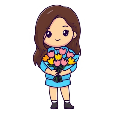 cool girl with long brown hair holding a bouquet of flowers, trendy outfit, stylish sticker