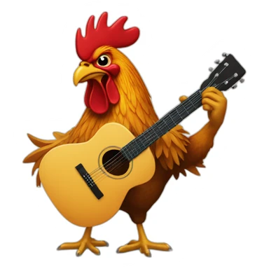 Rooster singing and playing guitar in front of a band sticker