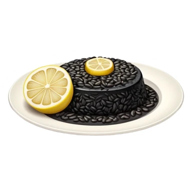 cinematic-realistic-black-risotto-dish,-showcasing-dramatic-lighting in a white plate with a single slice of grilled lemon on top sticker