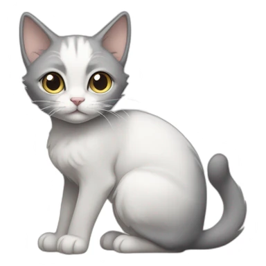 Gray white stray cat, she has pointy ears, white tummy, white right arm, gray left arm, gray back sticker