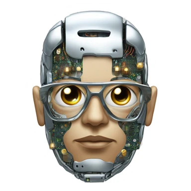 Male cyborg head with metallic plated face, flat top, glasses and circuits sticker