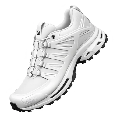 Completely all-white Salomon XT-6 shoes with no colored details whatsoever, one positioned behind the other, pure white minimalist design, iOS emoji style sticker