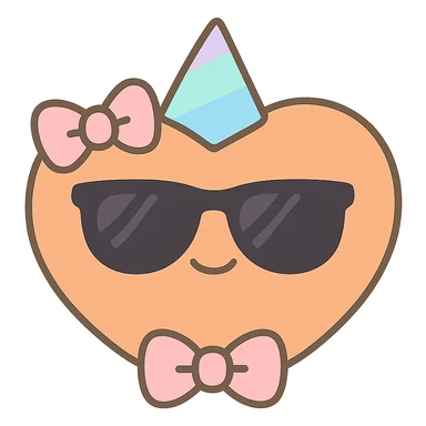 Add sunglasses, a party hat, and a bow tie to the orange heart. Keep the cute kawaii style with a smiling face and bow, with no background as in the reference image. sticker