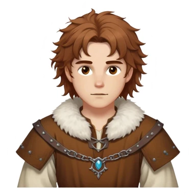 medieval spring outfit worn by a DnD themed fantasy male character. cotton tunic with sleeves rolled to the elbow, featuring a light fur-lined collar for chilly mornings. clothes only above the waist. The clothes full waist. The character's haven't arms. character is white-skinned, chestnut brown hair, amber eyes, shoulder-length messy hair. sticker