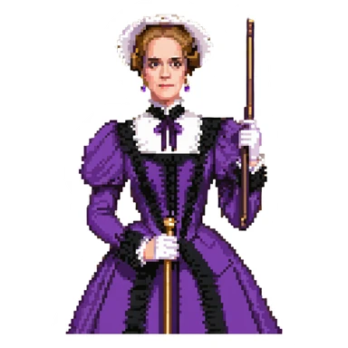 Wilhemina Venable (Sarah Paulson) in royal purple Victorian style, beautiful and luminous but terrifying, holding a gold cane sticker