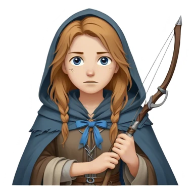 A young human woman with long, unkempt golden-brown hair, piercing blue-gray eyes filled with quiet determination. Dressed in a worn tunic and a tattered cloak, her calloused hands grip a bow, a hunter surviving against the odds. sticker