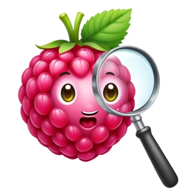 A single pink raspberry holding a magnifier remove face sticker