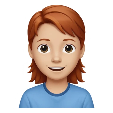 shrugging happy emoji tween long auburn hair light blue shirt with a darker blue L sticker