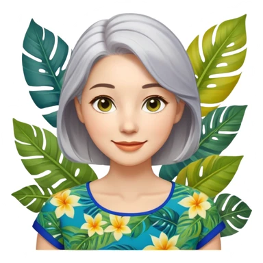 A woman with light complexion, oval face with soft rounded features, full cheeks, gentle almond-shaped eyes with subtle smile lines, silver-gray hair parted to the side, wearing a vibrant short-sleeved blouse with tropical leaf print in blue, green, and yellow, exuding warmth and joy. sticker