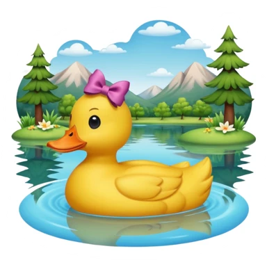 a yellow duck with a bow on its head in a lake surrounded by nature sticker
