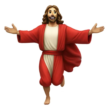 Jesus sprinting, with a large stride and arms outstretched, in a red santa costume sticker