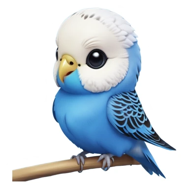 cinematic-cute-blue-budgie-portrait-emoji,-head-tilted-playfully-and-inquisitively,-featuring-a-brilliant-blue-feathered-fur-and white and black feathered face-with-a-natural-sheen,-round,-sparkling-dark-eyes-filled-with-curiosity,-simplified-yet-irresistibly-adorable sticker
