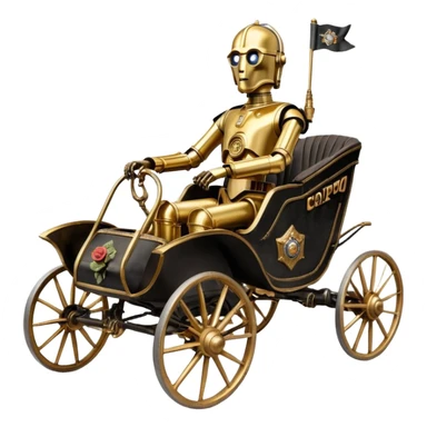 Action in Old American West tarnished C-3PO bounty policeman in 1864 delicately ornate rosegold accents painted buggy powered by electric motors and batteries with safety features and belts flying rapidly across rough dusty terrain stable on strong agile suspension  sticker