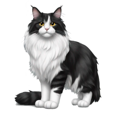 A black and white Maine Coon cat stands on the floor sticker