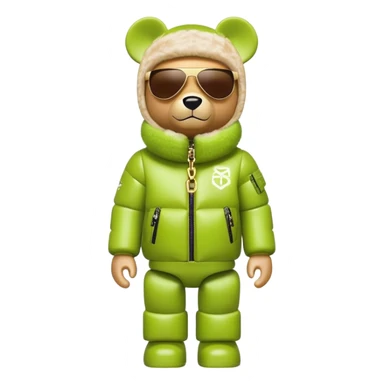 sleek bearbrick with lime balaclava covered in logo graffiti, futuristic single continuous visor sunglasses as one solid piece, no eye division, luxurious voluminous puffy coat with fur trim, gold chain accessories sticker