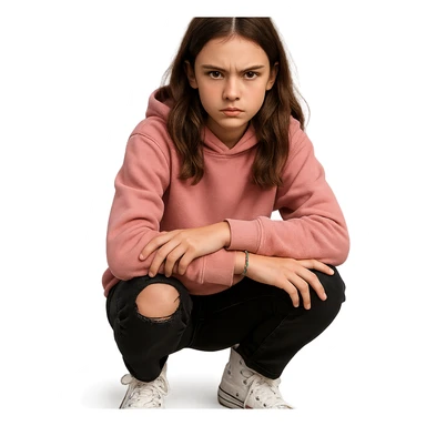 13-year-old girl with loose chestnut brown hair, hazel eyes, pink hoodie, black ripped jeans, white high-top sneakers, beaded friendship bracelet, bold sharp cautious expression sticker