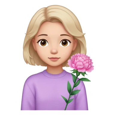  A girl with shoulder-length hair, a pink carnation behind her ear, and a light purple sweater, exuding a gentle aura. sticker
