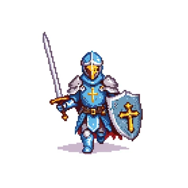 running paladin knight in shining armor with holy symbols and a sword sticker