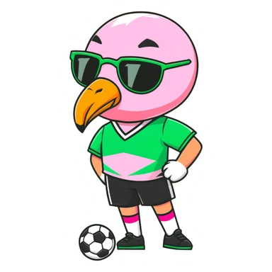 flamingo soccer player wearing sunglasses and a black and green jersey sticker