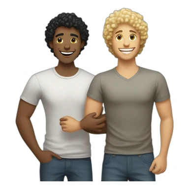 Gay couple, 1 guy Latino black straight hair and 1 Australian guy with blonde curly hair with a cat laughing full body sticker