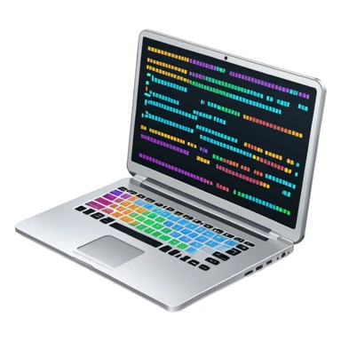 An icon featuring a laptop screen with colorful lines of code, brackets, and a blinking cursor, symbolizing programming. The design includes flowcharts, gear icons, and binary code, representing software development and logical problem-solving. Transparent background highlights the world of coding. sticker