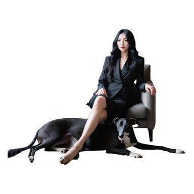 Very thin Chinese woman with long black hair relaxing in a luxurious hotel suite with exactly ONE whippet dog. EXTREME IMPORTANCE: the whippet must be ONE SOLID VERY DARK CHARCOAL GREY COLOR from nose to tail with ABSOLUTELY NO WHITE MARKINGS anywhere - NO white on face, NO white on muzzle, NO white on chest, NO white on paws, NO white on tail - NOTHING BUT A SINGLE SHADE OF VERY DARK GREY throughout the entire animal sticker