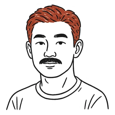 Asian man with black mustache and red hair, hand-drawn outlined style sticker