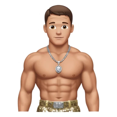 John Cena with silver sequin baggy pants, shirtless with necklace, brown hair sticker