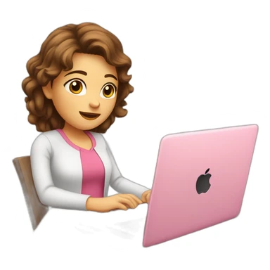 Girl with brown hair brown eyes white skin pink shirt sitting and looking eye up in front of Apple laptop sticker