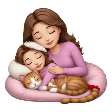 girl with wavy long brown hair, brown eyes, light to medium complexion, long lashes, light pink lipstick, smiling, wearing light pink shirt, sleeping on a cozy pillow, cuddling a tabby cat  sticker