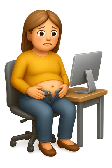 emoji stile iphone di una donna seduta alla scrivania dell'ufficio con i pantaloni sbottonati perché ha la pancia gonfia, falla a corpo intero, iperrealistico 4k sticker