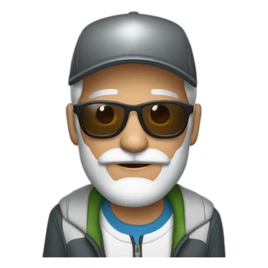 gray-haired man with a beard and mustache in sunglasses wearing a baseball cap on his head in a sports jacket sticker