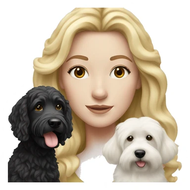 white woman with long blonde hair with a black and white bernadoodle dog  sticker