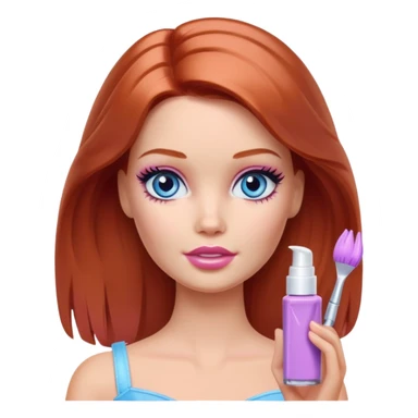 Barbie girl Chestnut-red Shoulder-length hair and blue eyes is In pale purple smears by hand cosmetic cream on her face sticker