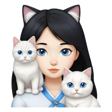 black hair Asiangirl with White British longhair cat blue eyes  sticker