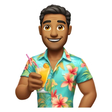 a guy in a Hawaiian shirt and light pants holds a cocktail sticker
