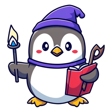 Cute penguin wizard with magical staff and spell book sticker