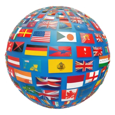 Glowing globe with interconnected lines, surrounded by small country flags, representing virtual connections across 100+ countries. Modern, tech-inspired design. sticker