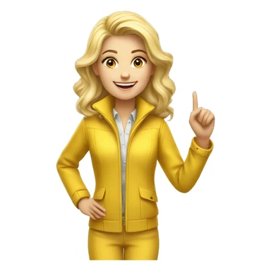 a beautiful blonde girl dressed in a yellow jacket suit. she is smiling and has one hand pointing at something above her. sticker