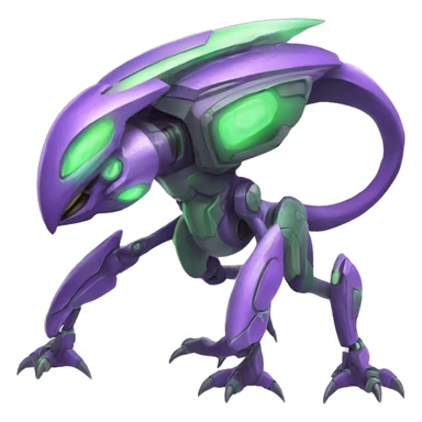 a purple-green Genesect-Raptor-Fakémon—hybrid with a futuristic visor-helmet full body sticker