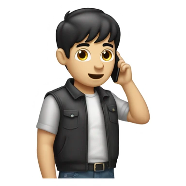 white boy black hair talking in the cellphone in ears sticker