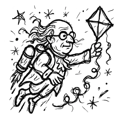 Ben Franklin with jetpack, left hand holding diamond kite, right arm out as if flying, minimalist black outline, slightly chaotic lines sticker