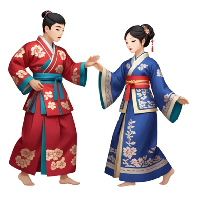 Cinematic Realistic scene of two performers engaging in Ganggangsullae, dressed in traditional Korean costumes with intricate patterns and graceful movements, illuminated by soft, festive lighting that accentuates the cultural ambiance sticker