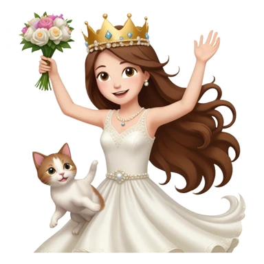 White woman - long hair - white wedding dress - holding a kitten - happy - jumping - stylish - elegant - bouquet - dreamy - colorful - wearing a crown - pearl accessories sticker