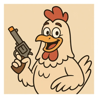 cartoon chicken holding a toy pistol with an orange tip, smiling, colorful and friendly sticker
